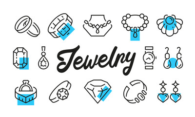 Fototapeta premium Jewelry poster. Jewelry banner design with accessory icons. Ring, Diamond, Necklace, Earrings, Watch icons. Simple poster for presentations, covers. Banner template. Vector illustration.