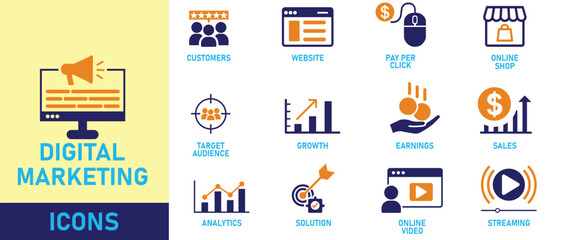 Obraz premium digital marketing icon set including seo, email marketing, website, blogs, mobile marketing, sales, content, online shop, advertising, social media, e commerce, product etc. vector eps icons
