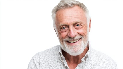 Obraz premium Elderly man beams with joy while wearing a patterned shirt radiating warmth and happiness.
