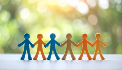 Colorful plastic family figures holding hands, sunlit outdoor background.