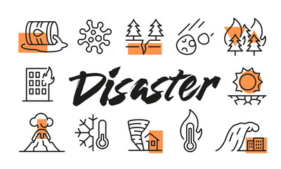 Disaster poster. Disaster poster design with hazard icons. Volcano, Flood, Earthquake, Fire, Virus, Heatwave icons. Simple banner for alerts or info. Vector illustration.