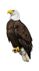 Fototapeta premium A majestic bald eagle with piercing eyes and sharp talons perched against a stark white background.