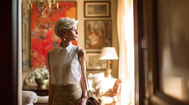 A stylish woman with short hair gazes out a sunlit window in a beautifully decorated room.