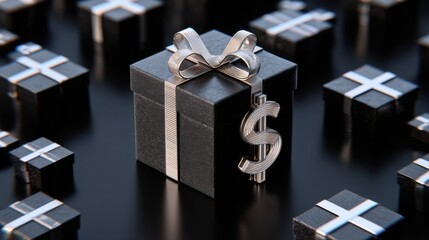 a black gift box with a silver ribbon and a dollar sign