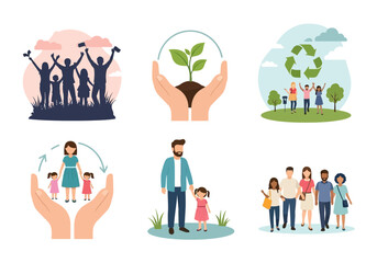 Set of colorful vector illustrations depicting various environmental and business concepts