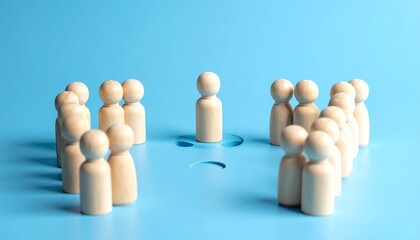 White figurine in center of circle over dark blue spot, surrounded by others on light blue surface.