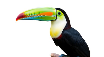 A vibrant toucan with a large, colorful beak perched on a branch against a white background.