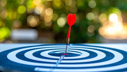 Red dart hitting bullseye on multicolor dartboard, outdoor bokeh background.