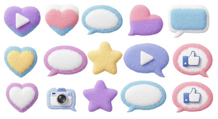 Collection of social media icons and symbols isolated on transparent background