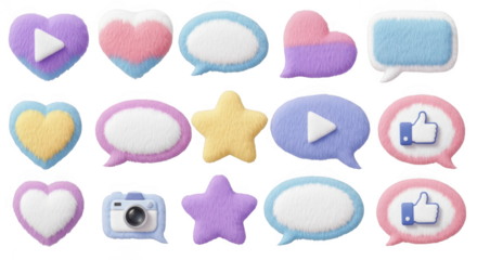 Collection of social media icons and symbols isolated on transparent background