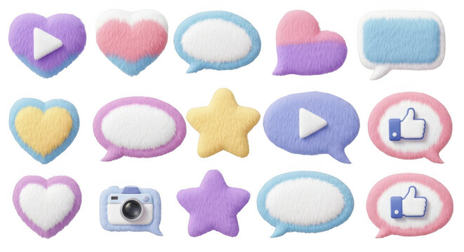 Collection of social media icons and symbols isolated on transparent background