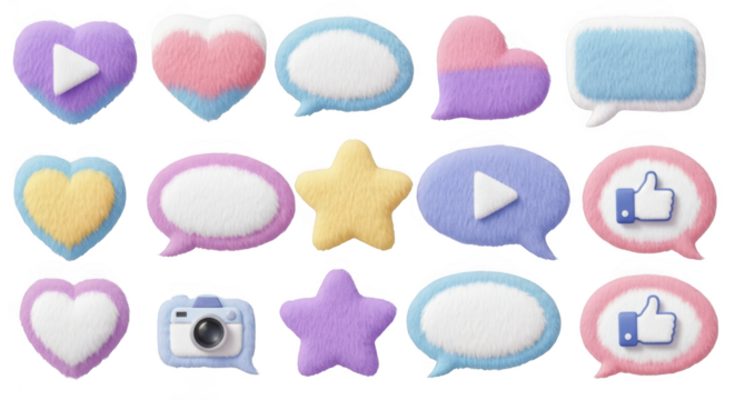 Collection of social media icons and symbols isolated on transparent background