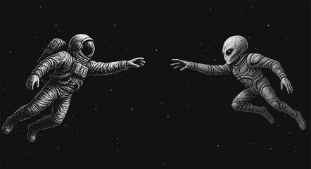 Black and white dotwork vector illustration of an astronaut and an alien flying toward each other in outer space, symbolizing first contact between humanity and extraterrestrial civilization