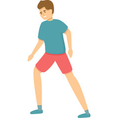 A Smiling Young Man Wearing a Teal T-shirt and Coral Shorts With Blue Socks and Shoes Stands Against a White Background