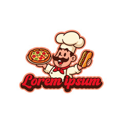 Retro Pizza Mascot Logo, Vintage 1950s Pizzeria Chef Badge Vector