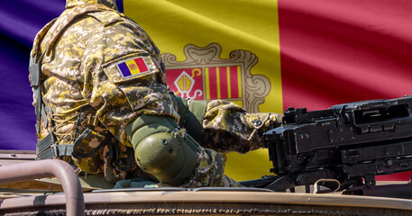 Fototapeta premium Andorra flag with soldier at machine gun turret in front of it. Closeup side view.