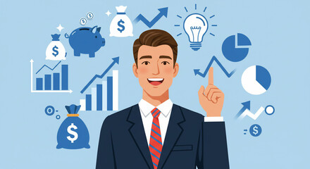 Smiling businessman pointing upwards, surrounded by financial growth symbols and icons, representing investment and success.
