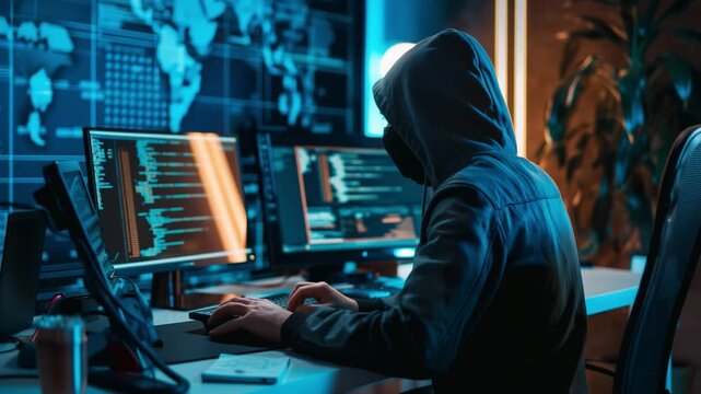Hooded hacker programming in a dark data center