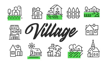 Village poster. Village poster design with rural icons. House, Barn, Fence, Windmill, Church icons. Simple poster for presentations, covers. Banner template. Vector illustration.