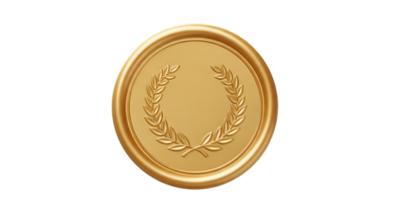 A golden seal with a laurel wreath isolated on transparent background, symbolizing achievement, excellence, and prestige for awards and recognition