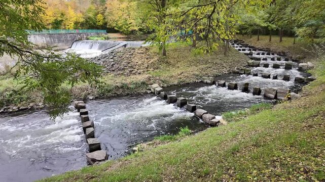 Fish ladder on river dam for fish migration, ground view. Ground-level footage of an artificial fish ladder structure designed to help fish migrate upstream across a regulated river dam. 