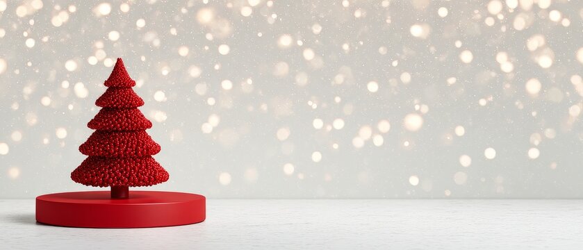 Elegant christmas setup with red festive podium and glowing backdrop for holiday product display
