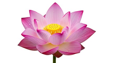 A beautiful pink lotus flower with water droplets on its petals, isolated on a white background.