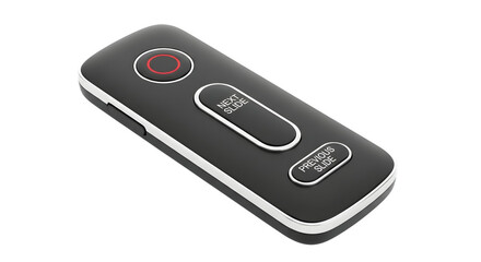Closeup of a black presentation remote control with silver trim isolated on transparent background, a sleek device for seamless presentations