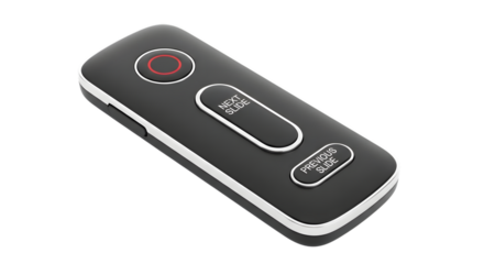 Closeup of a black presentation remote control with silver trim isolated on transparent background, a sleek device for seamless presentations