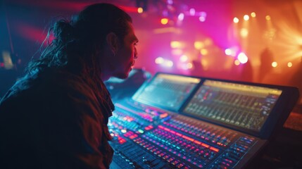 Live music scene captures sound engineer focused on adjusting audio levels amid colorful stage lights.
