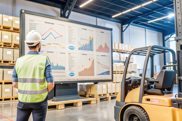 Warehouse worker in safety vest and hard hat observes data charts displayed on large screen, reflecting logistics and inventory trends. environment is organized and industrial