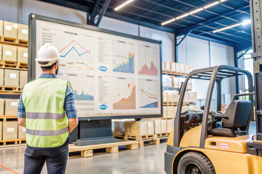 Warehouse worker in safety vest and hard hat observes data charts displayed on large screen, reflecting logistics and inventory trends. environment is organized and industrial