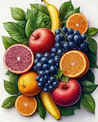 Vibrant arrangement of fresh fruits including apples, oranges, bananas, and grapes, surrounded by lush green leaves, creating colorful and appetizing display
