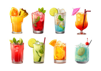 Vibrant Assortment of Eight Refreshing Summer Cocktails isolated on a transparent background