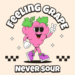 Happy retro grape mascot character with cheerful slogan. Vector illustration for branding, packaging, advertising