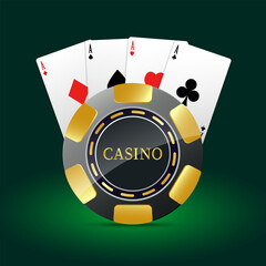 Casino illustration. 3D elements on the theme of casinos and gambling. Poker chip and ace cards on a dark green gradient background. Vector illustration