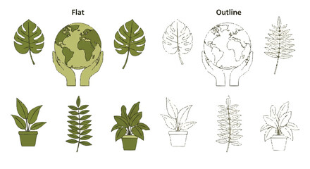 Eco-Friendly Design Elements Earth, Hands, Leaves, and Plants in Flat and Outline Styles for Sustainable Concepts