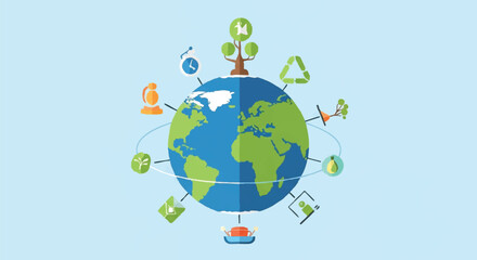 Vector illustration of planet Earth surrounded by icons representing ecology, green energy, and sustainable living concepts