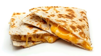 Two grilled cheese quesadilla wedges with melted cheese filling isolated on a white background for.