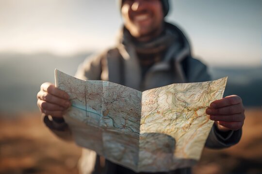 Man holds a map while hiking.