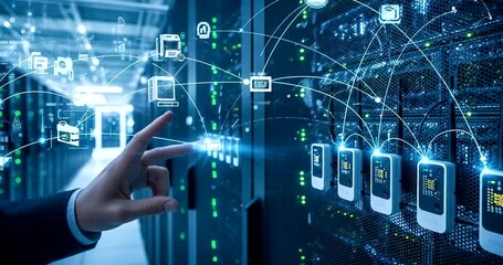 Mans hand interacting with a futuristic digital network overlay in a server room - Powered by Adobe