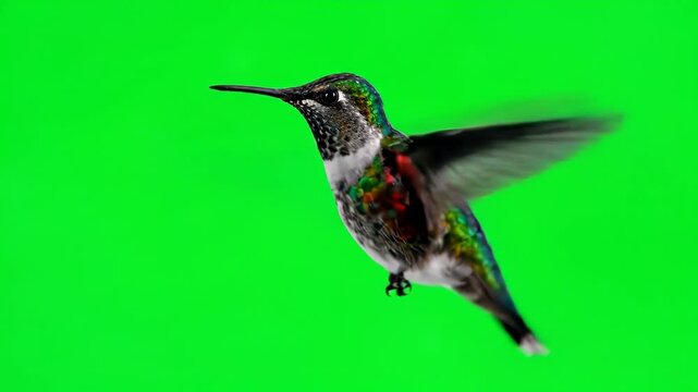 A small hummingbird with iridescent feathers hovers in midair against a vibrant green background, showcasing its delicate wings and long beak in flight