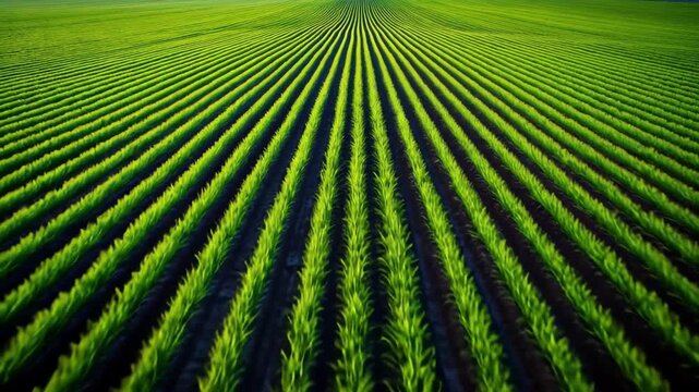 Vibrant Green Crop Field With Repeating Parallel Rows Extending Toward The Horizon Under Bright Morning Sunlight In A Rural Farmland Landscape Emphasizing Symmetry Line Geometry And Fresh Growth
