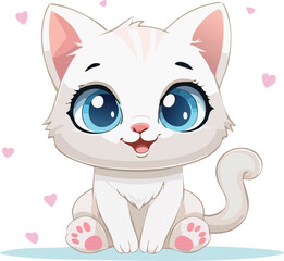 Obraz premium Super cute cartoon white kitten with large blue eyes and pink hearts. Adorable mascot for pet care, children's products, greetings, and animal themes. Isolated vector illustration.