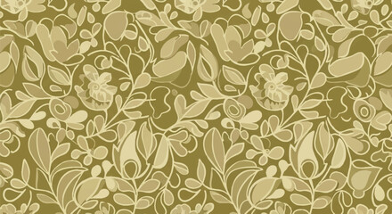 Monochromatic floral pattern illustration with elegant botanical elements and flowing leaves on a green background, seamless repeat design