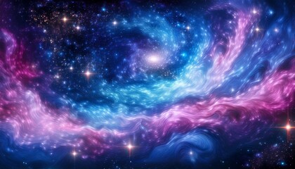 Naklejka premium A Mesmerizing Expanse Of Cosmic Color Fills The Canvas With Swirling Patterns Of Blue And Pink Stars Twinkle Against The Backdrop Of An Enchanting Universe Revealing The Beauty Of Deep Space