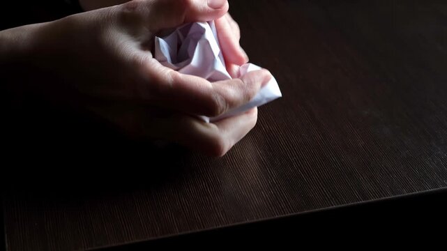 Hands crumpling clean paper sheet close-up on black background. Macro shooting of crumpled sheet. The concept of relieving tension, stress and anxiety. Side view. High quality 4k footage.