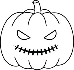 Cute halloween outline clipart pumpkin with scary stitched smile and angry eyes for spooky autumn decoration
