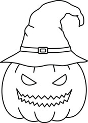 Cute halloween outline clipart of scary pumpkin wearing witch hat with buckle creating spooky festive mood