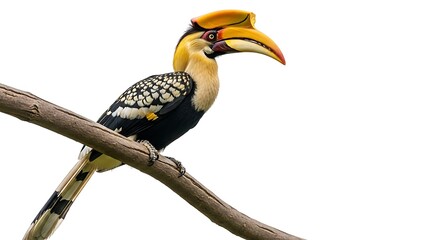 A Great Hornbill bird with a large yellow and black beak perched on a branch against a white background.